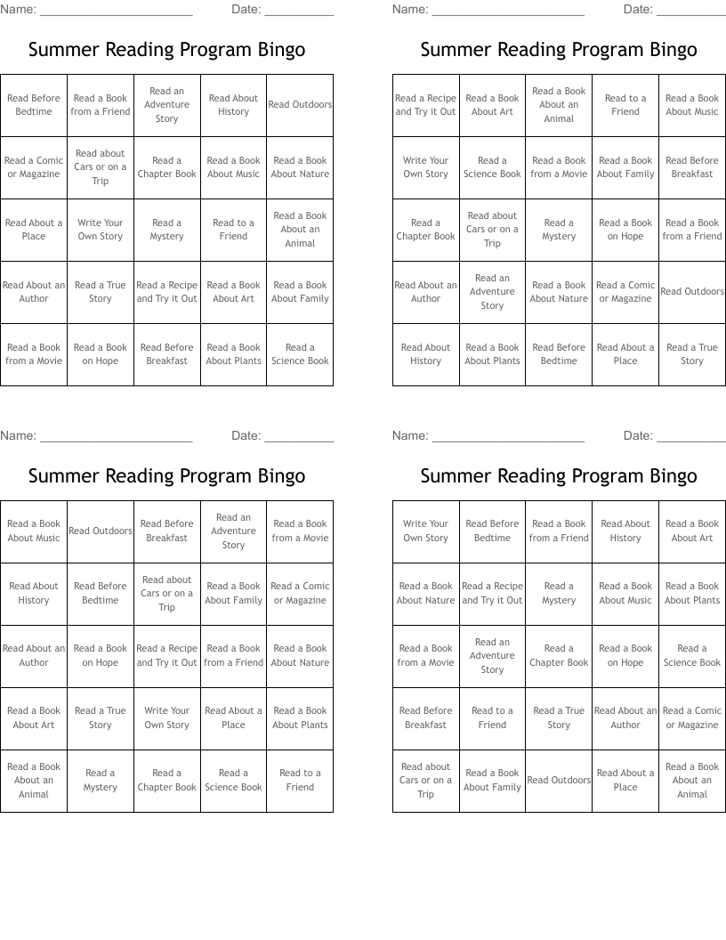 Summer Reading Program Bingo