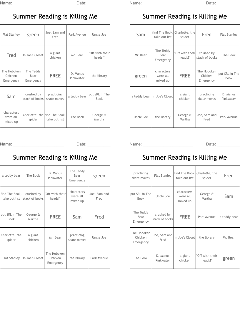 Summer Reading is Killing Me Bingo Cards