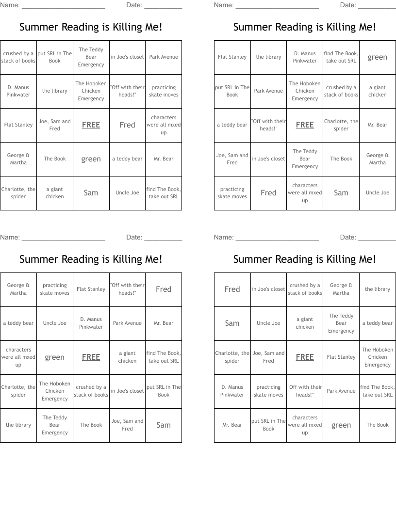 Summer Reading is Killing Me! Bingo Cards