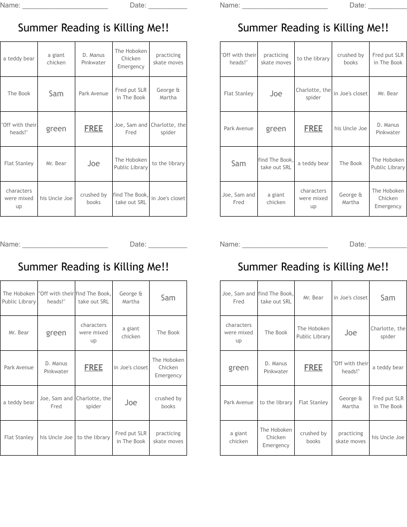 Summer Reading is Killing Me!! Bingo Cards