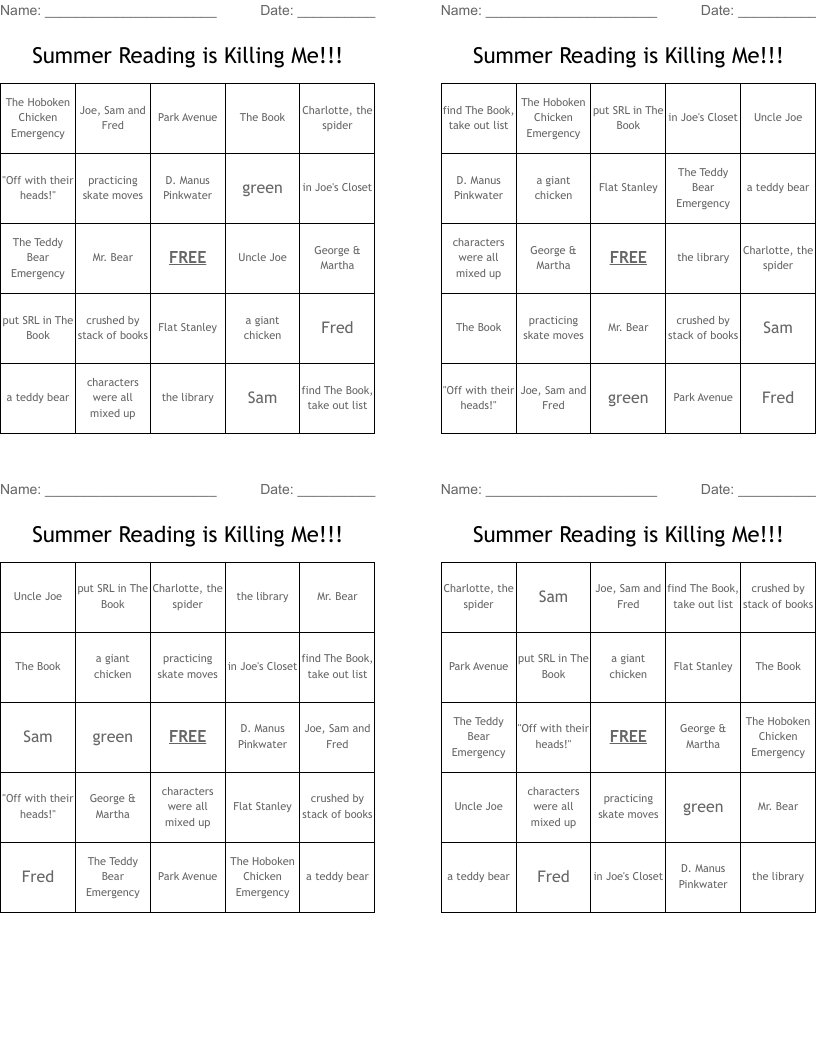 Summer Reading is Killing Me!!! Bingo Cards