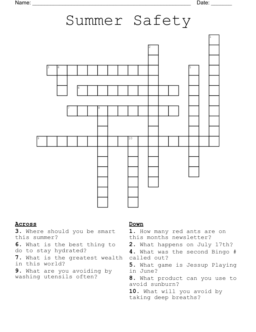 Summer Safety Crossword