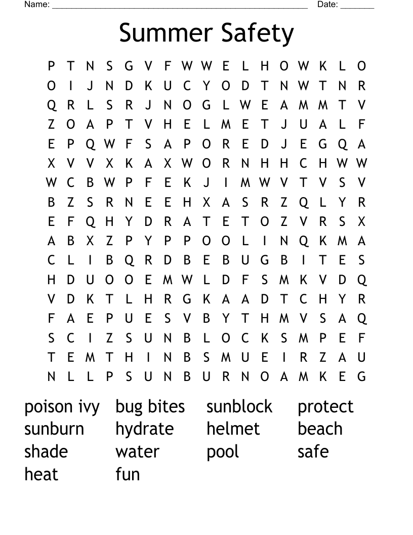 Summer Safety Word Search