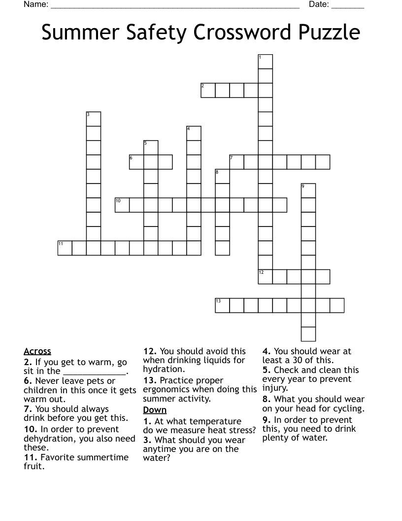 Summer Safety Crossword Puzzle
