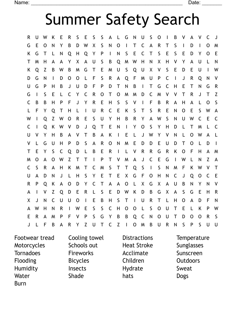 Summer Safety Search Word Search