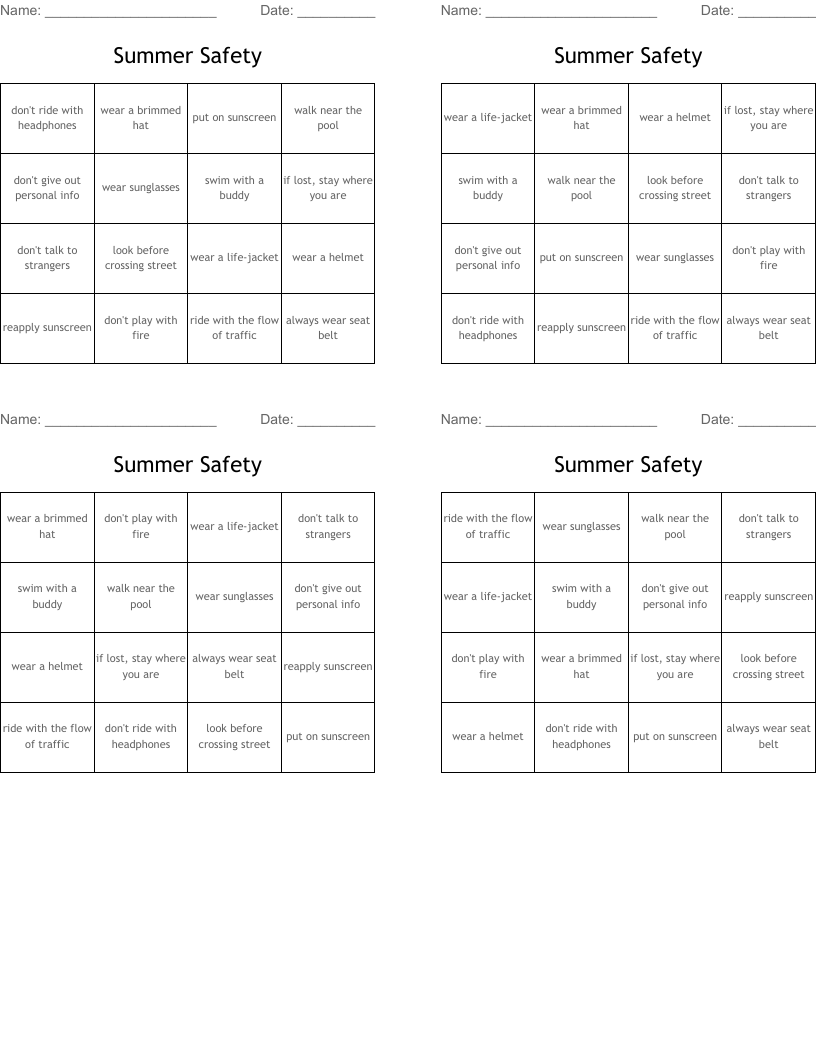 Summer Safety  Bingo Cards