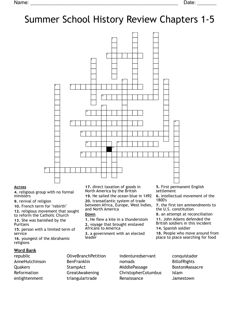 Summer School History Review Chapters 1-5 Crossword