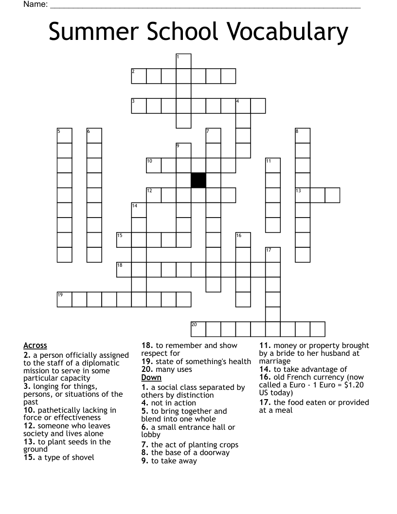 Summer School Vocabulary Crossword
