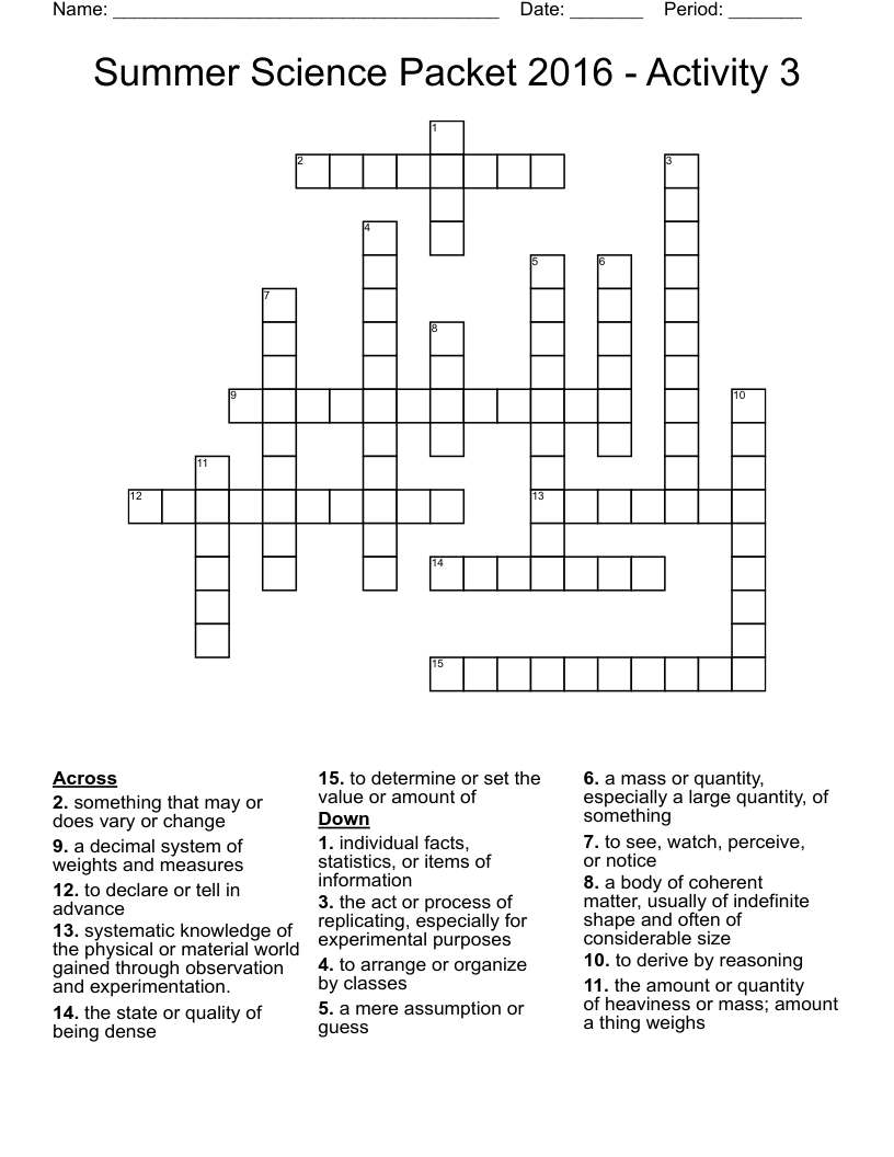 Summer Science Packet 2016 - Activity 3 Crossword