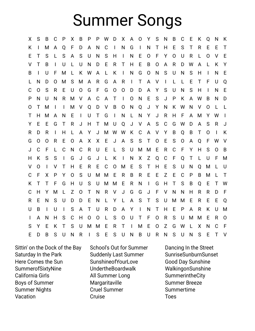 Summer Songs Word Search