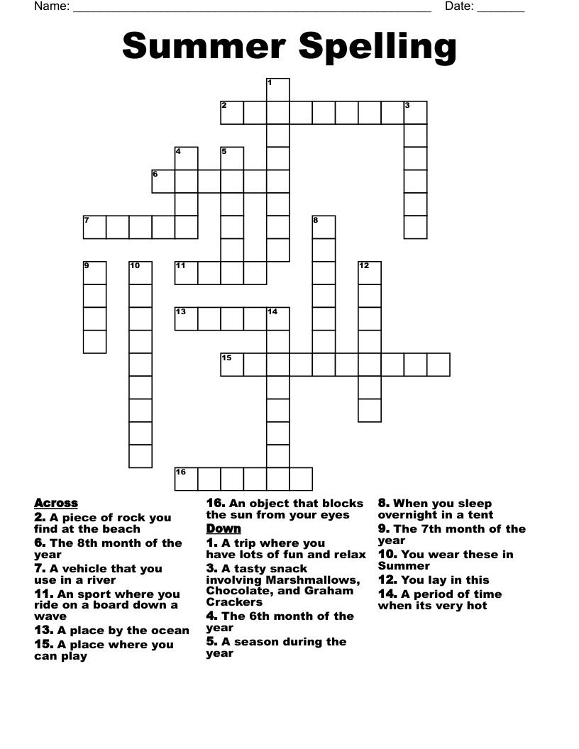 Summer Spelling Crossword
