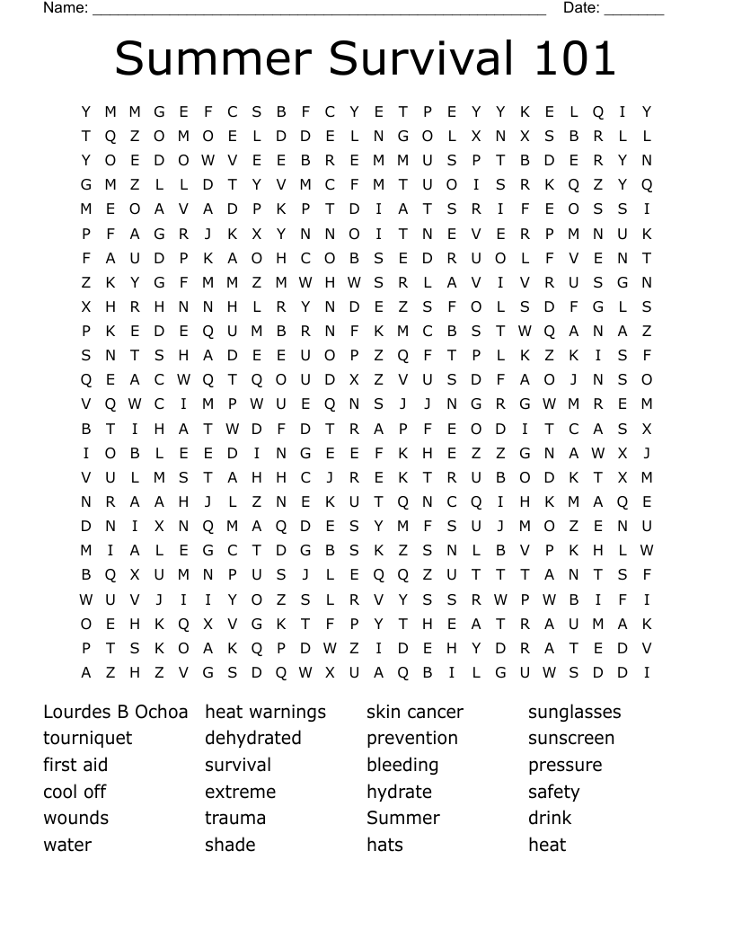 Summer Survival 101 Word Search