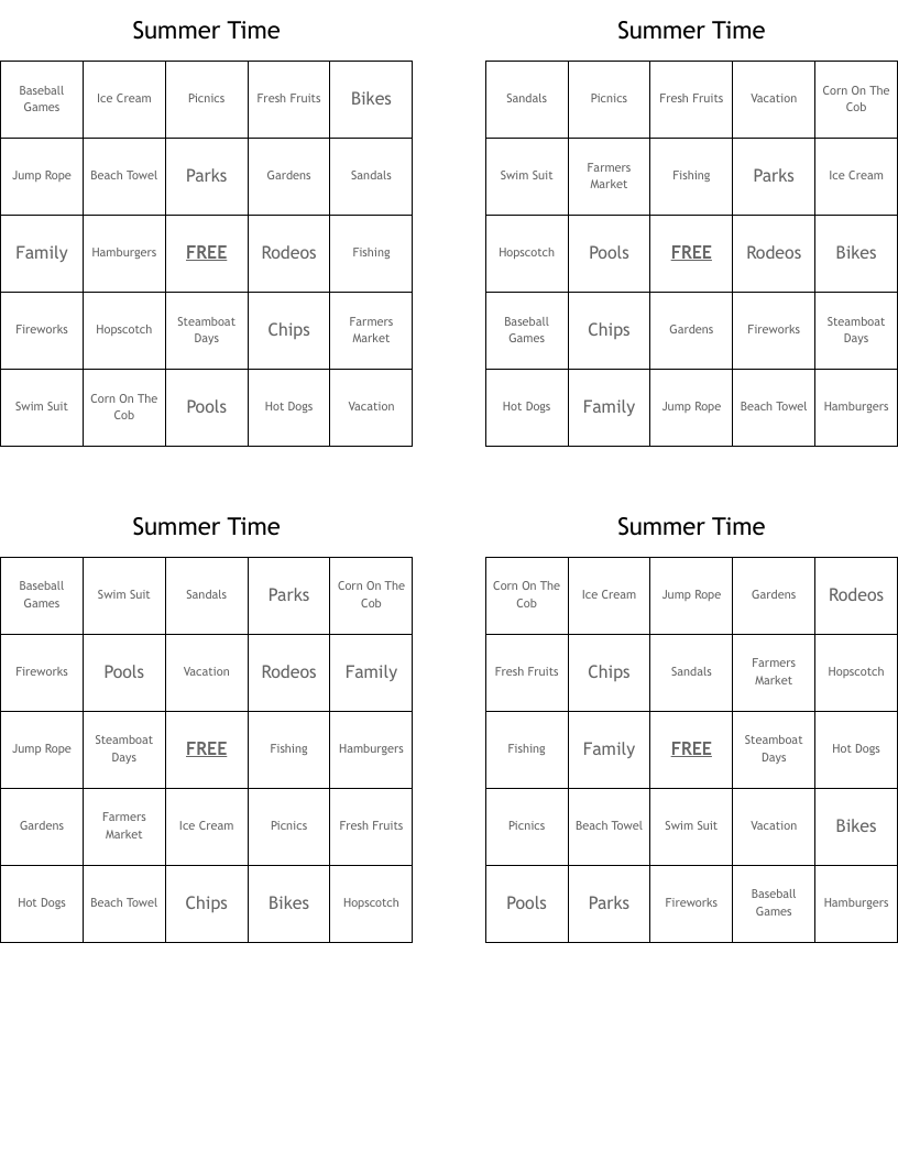 Summer Time Bingo Cards