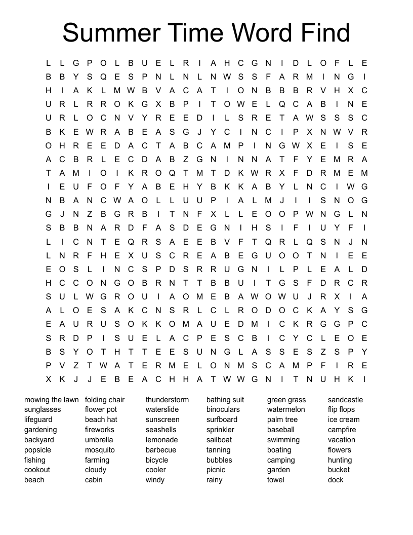 Summer Time Word Find Word Search