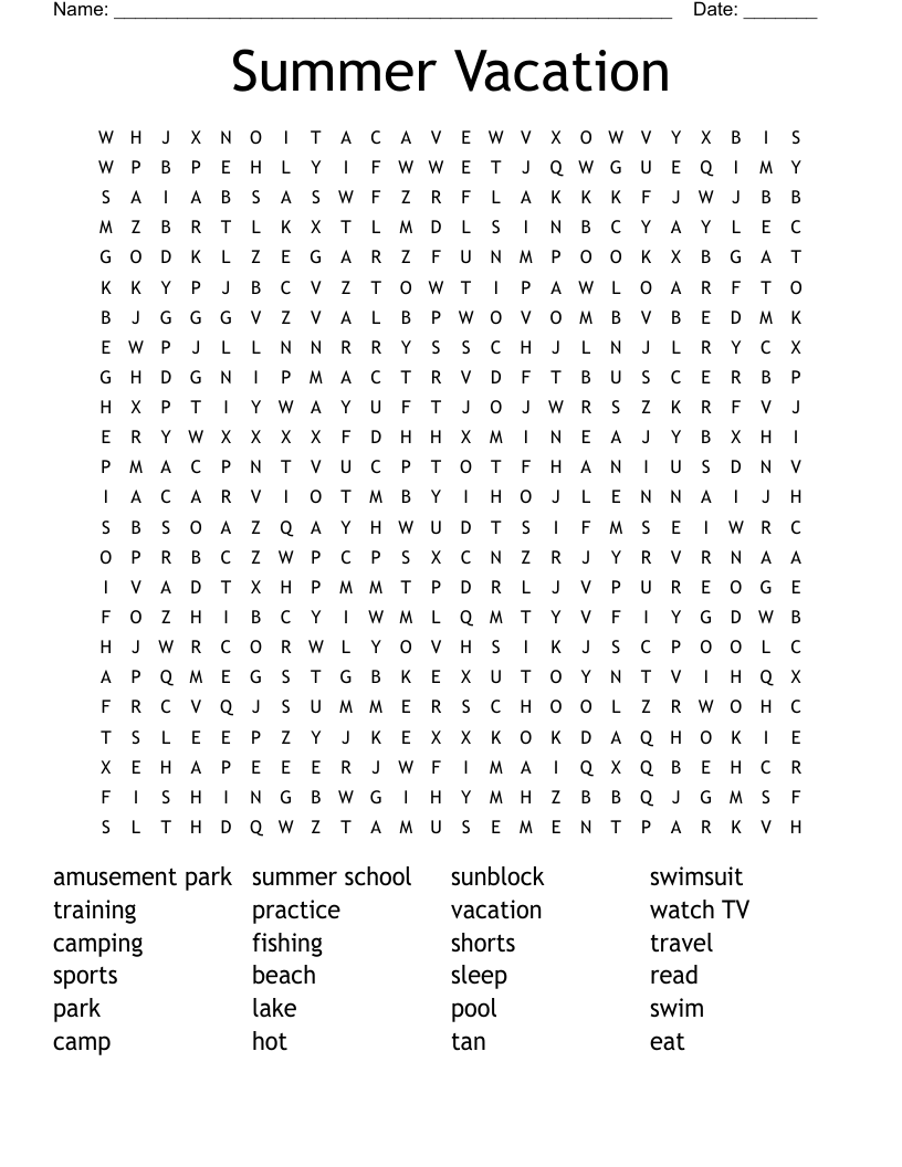 Summer Vacation Word Search