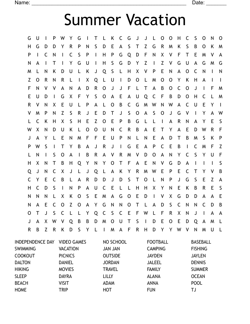 Summer Vacation Word Search