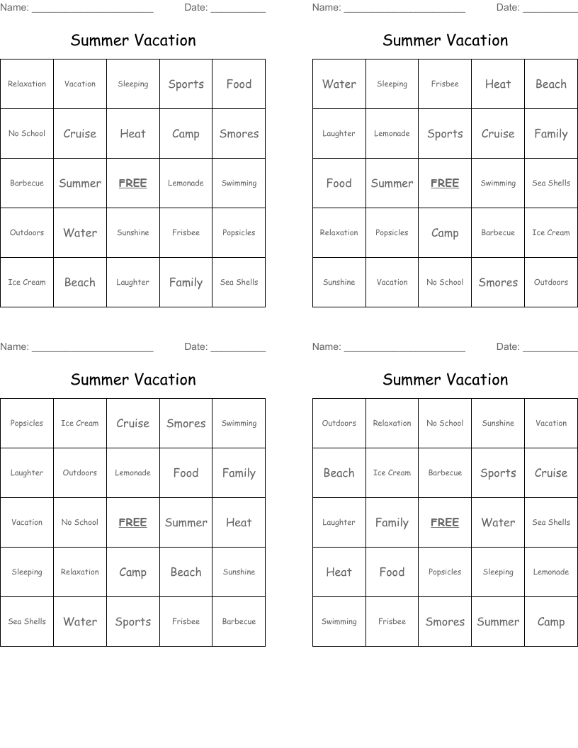 Summer Vacation Bingo Cards