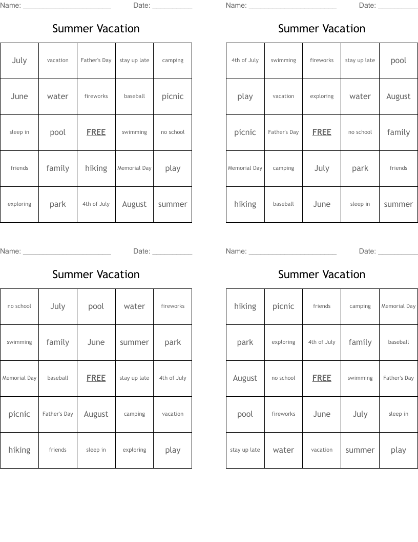 Summer Vacation Bingo Cards