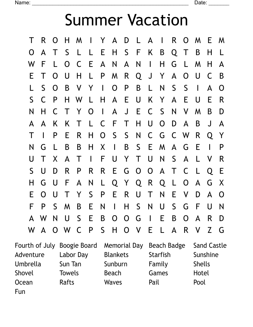 Summer Vacation  Word Search