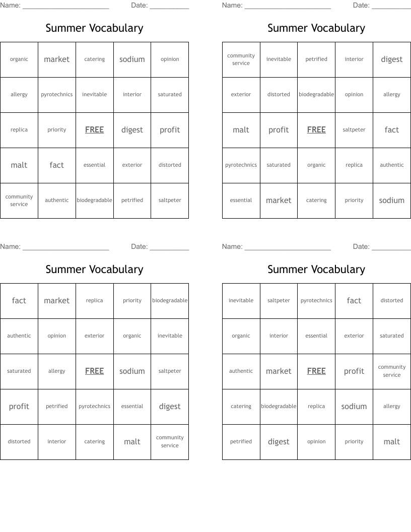 Summer Vocabulary Bingo Cards