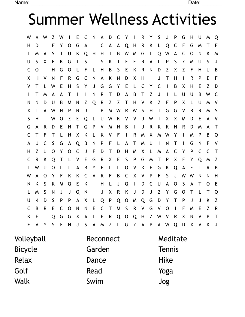 Summer Wellness Activities Word Search
