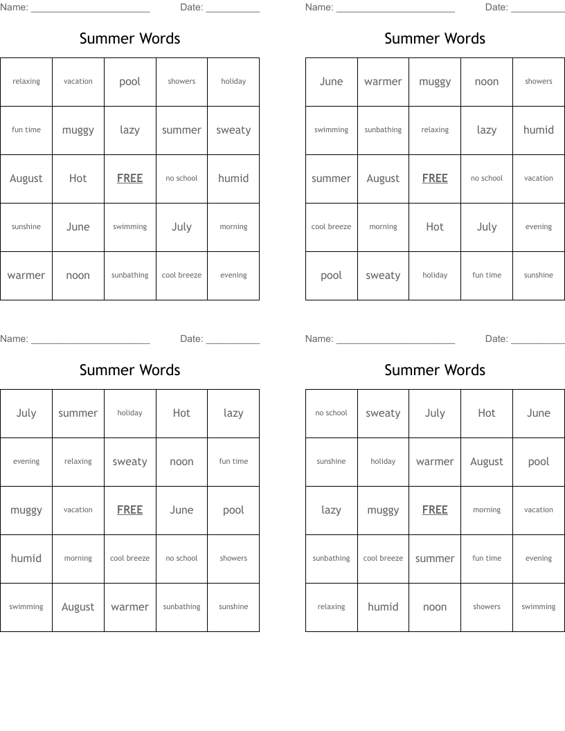 Summer Words Bingo Cards