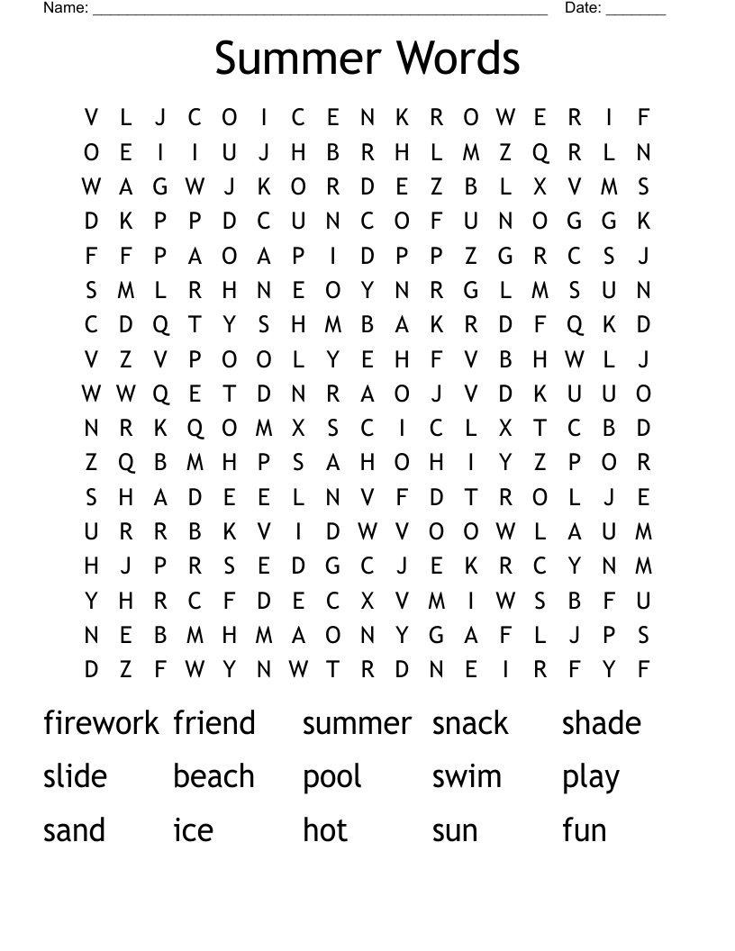 Summer Words Word Search