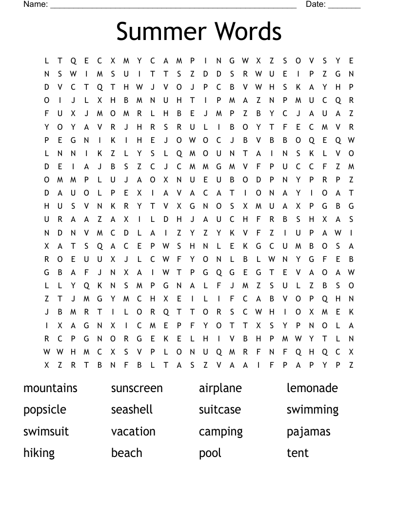 Summer Words Word Search