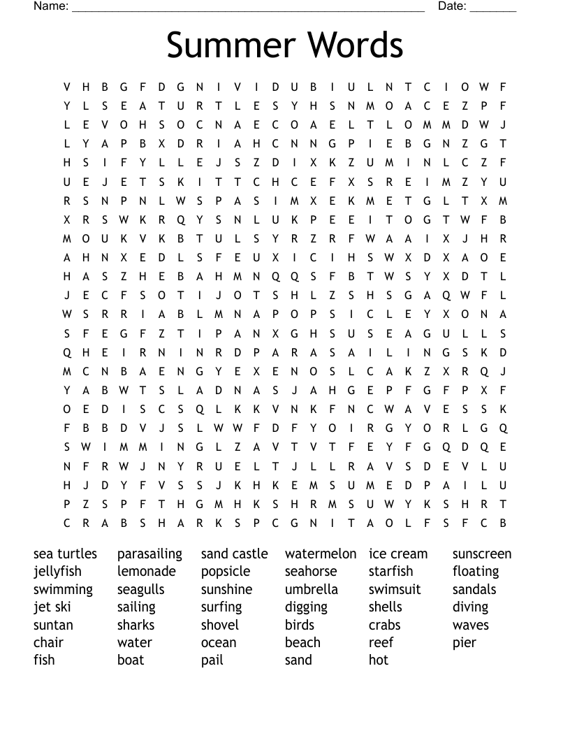 Summer Words Word Search