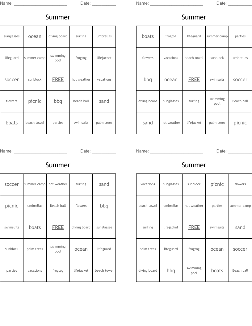 Summer  Bingo Cards