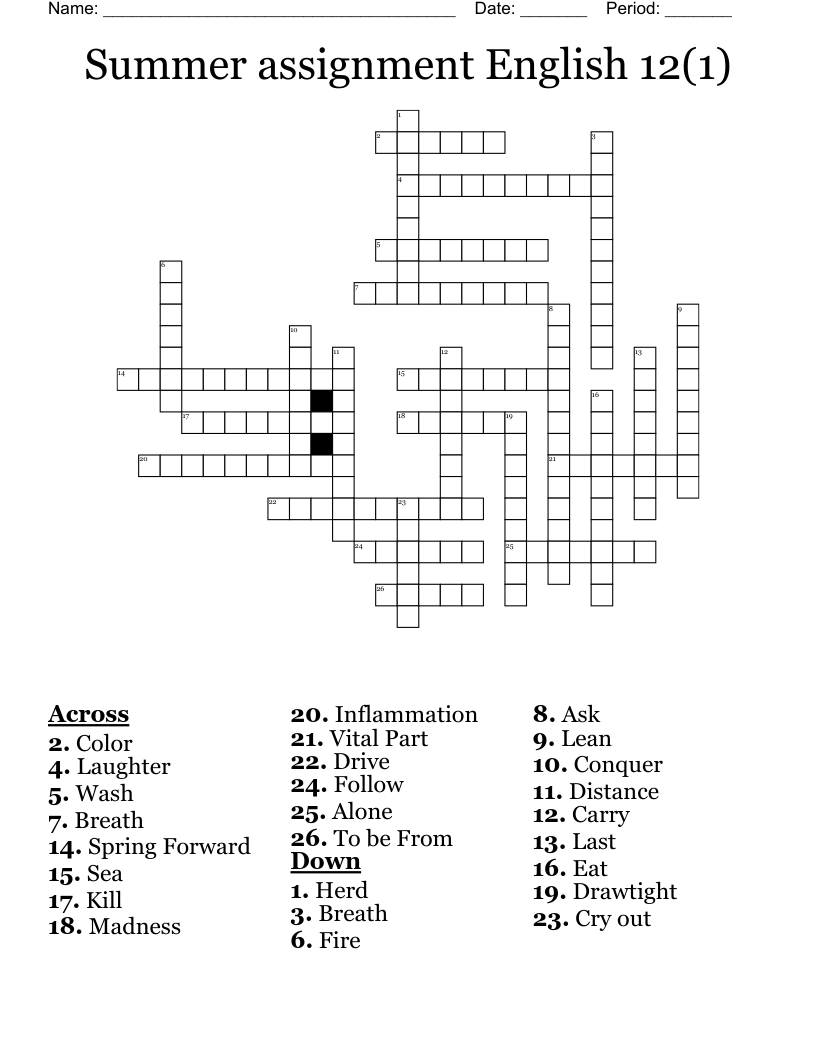 Summer assignment English 12(1) Crossword