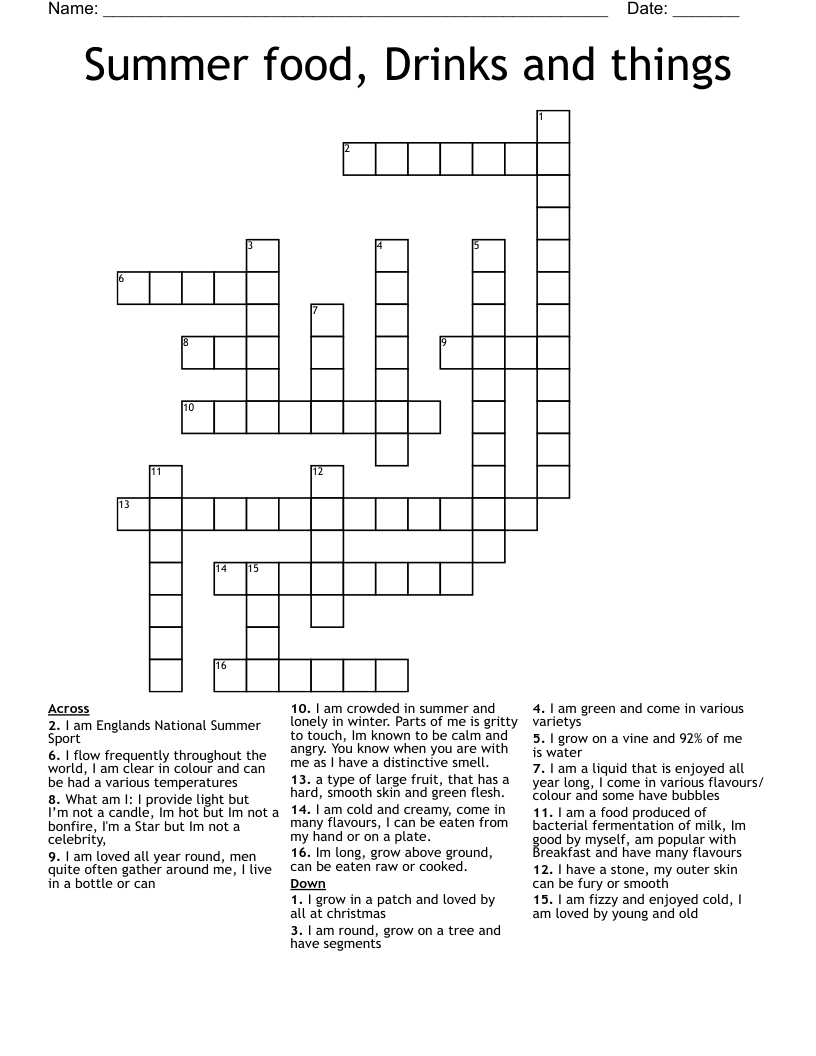Summer food, Drinks and things Crossword
