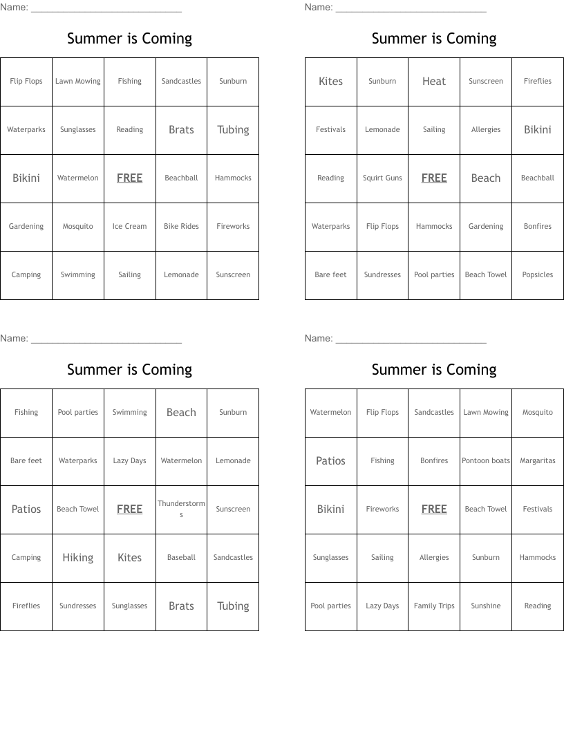 Summer is Coming Bingo Cards