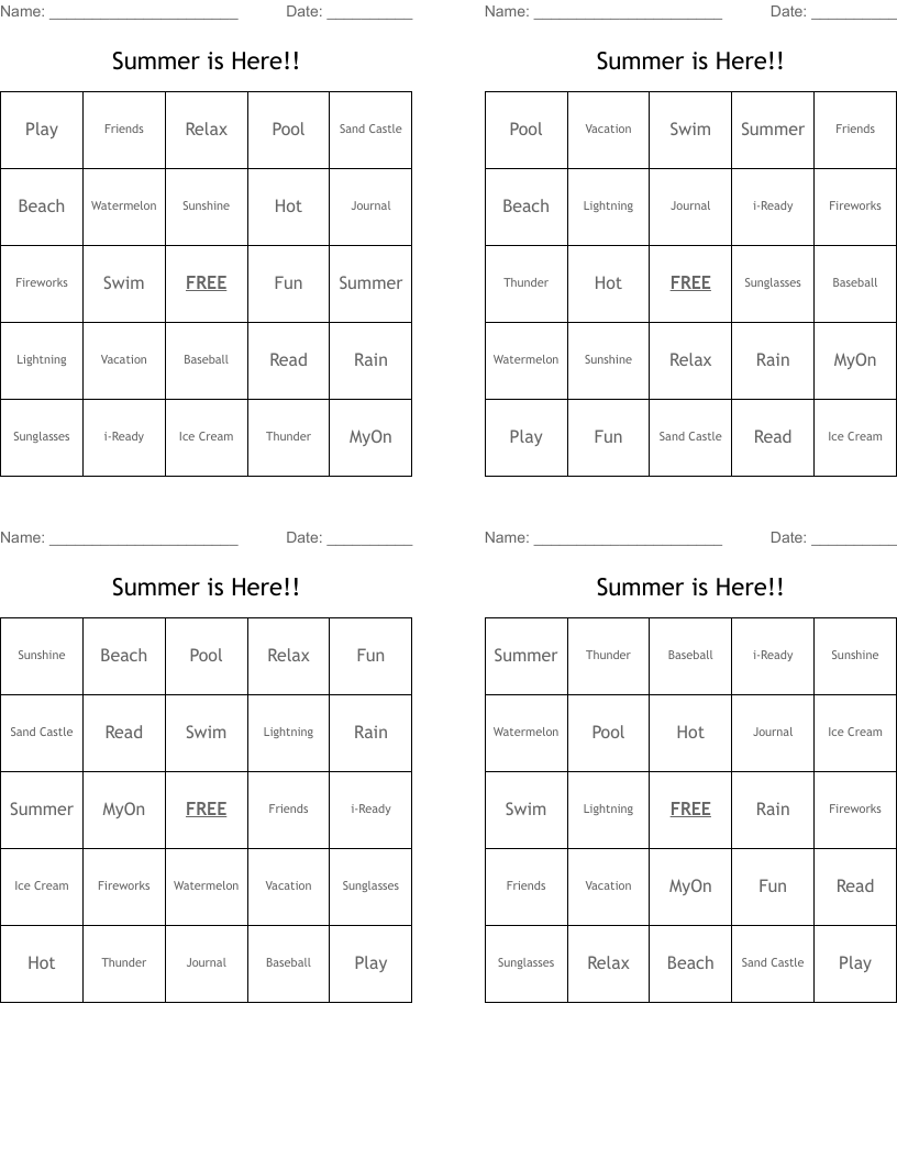 Summer is Here!! Bingo Cards