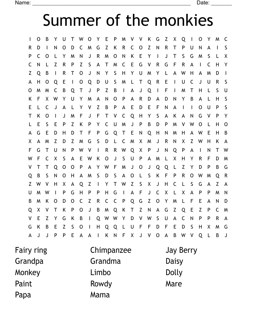 Summer of the monkies Word Search