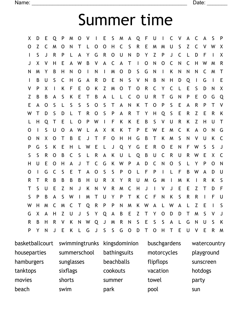 Summer time Word Search