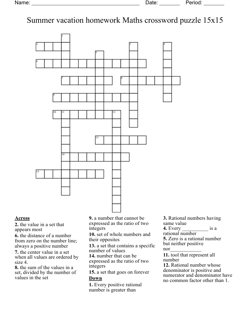 Summer vacation homework Maths crossword puzzle 15x15 