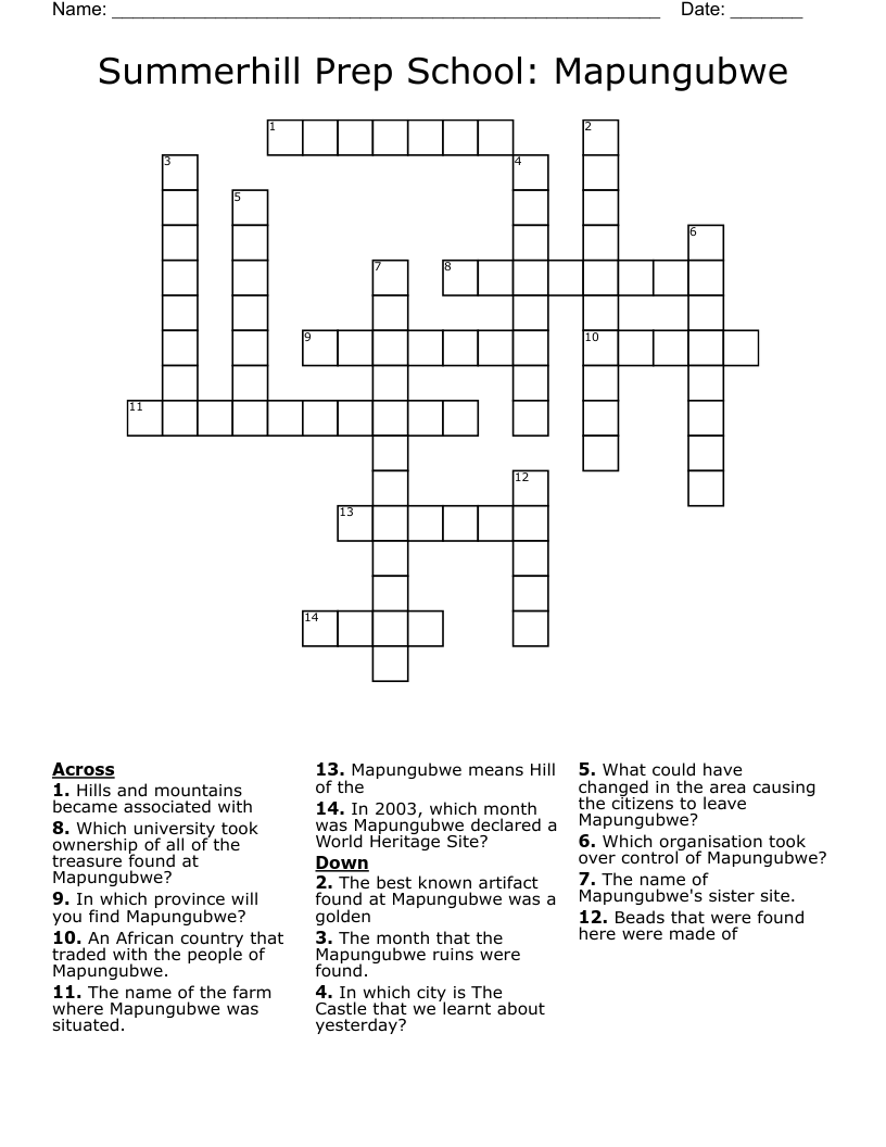 Summerhill Prep School:  Mapungubwe Crossword