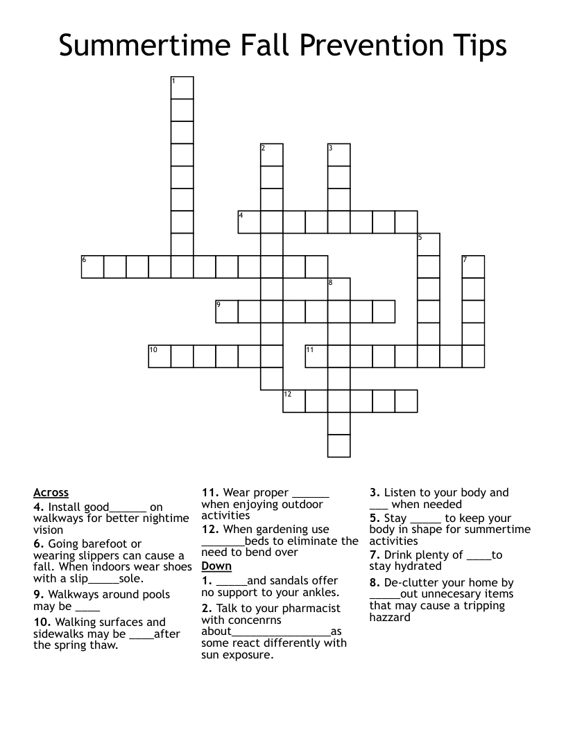 Summertime Fall Prevention Tips Crossword