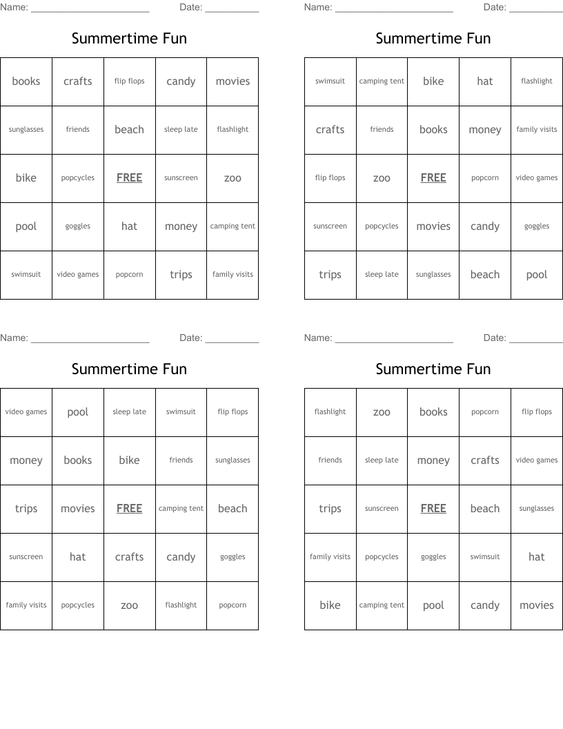Summertime Fun Bingo Cards