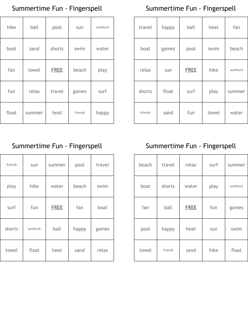 Summertime Fun - Fingerspell Bingo Cards