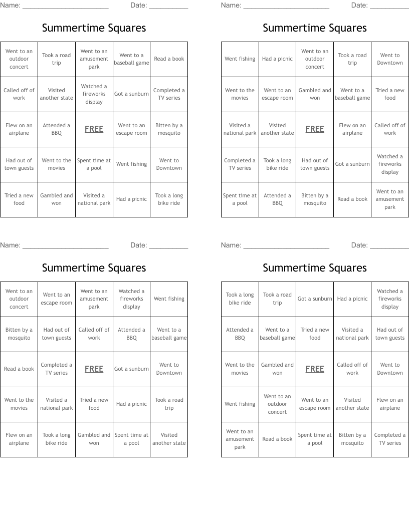 Summertime Squares Bingo Cards