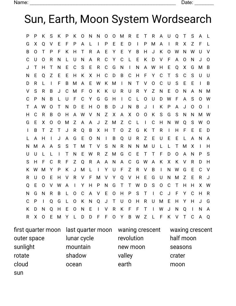 Sun, Earth, Moon System Wordsearch