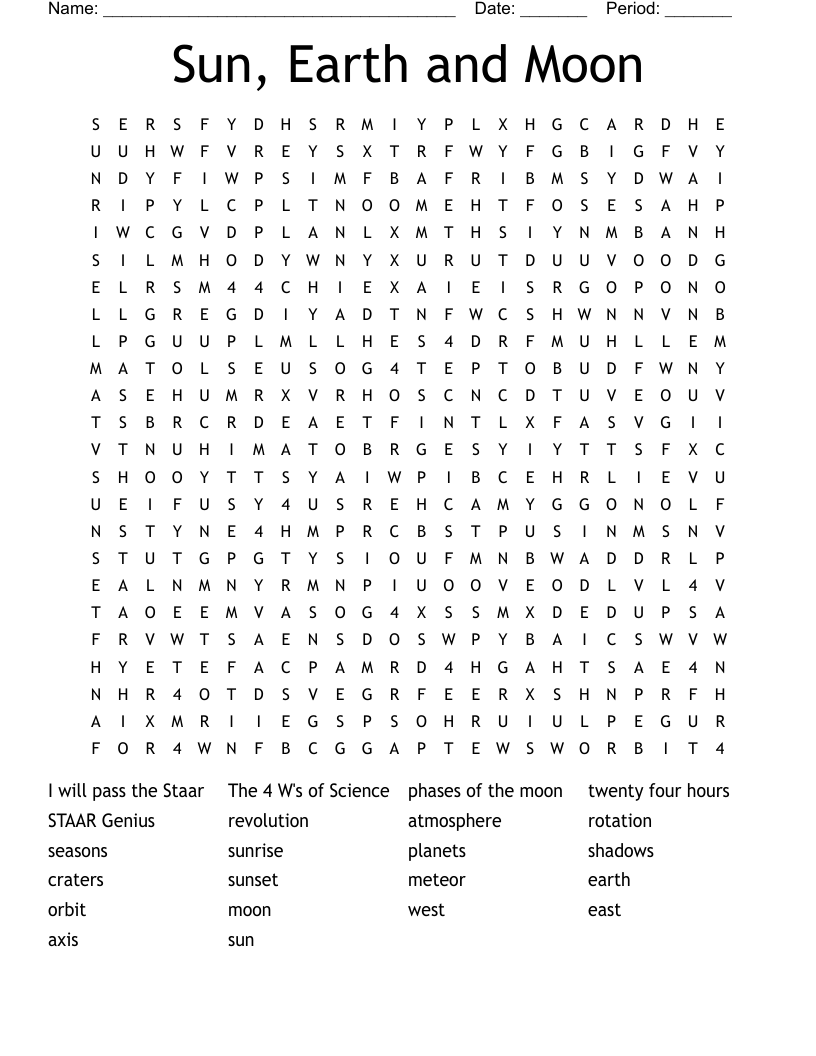 Sun, Earth and Moon Word Search