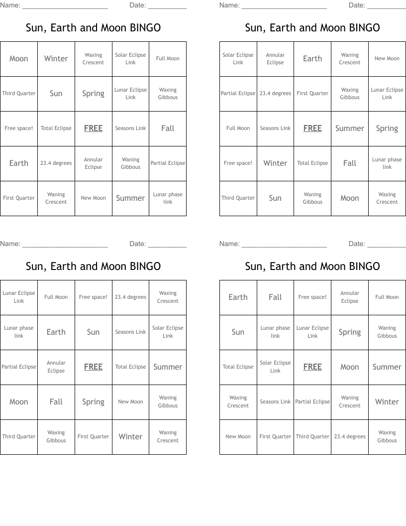 Sun, Earth and Moon BINGO