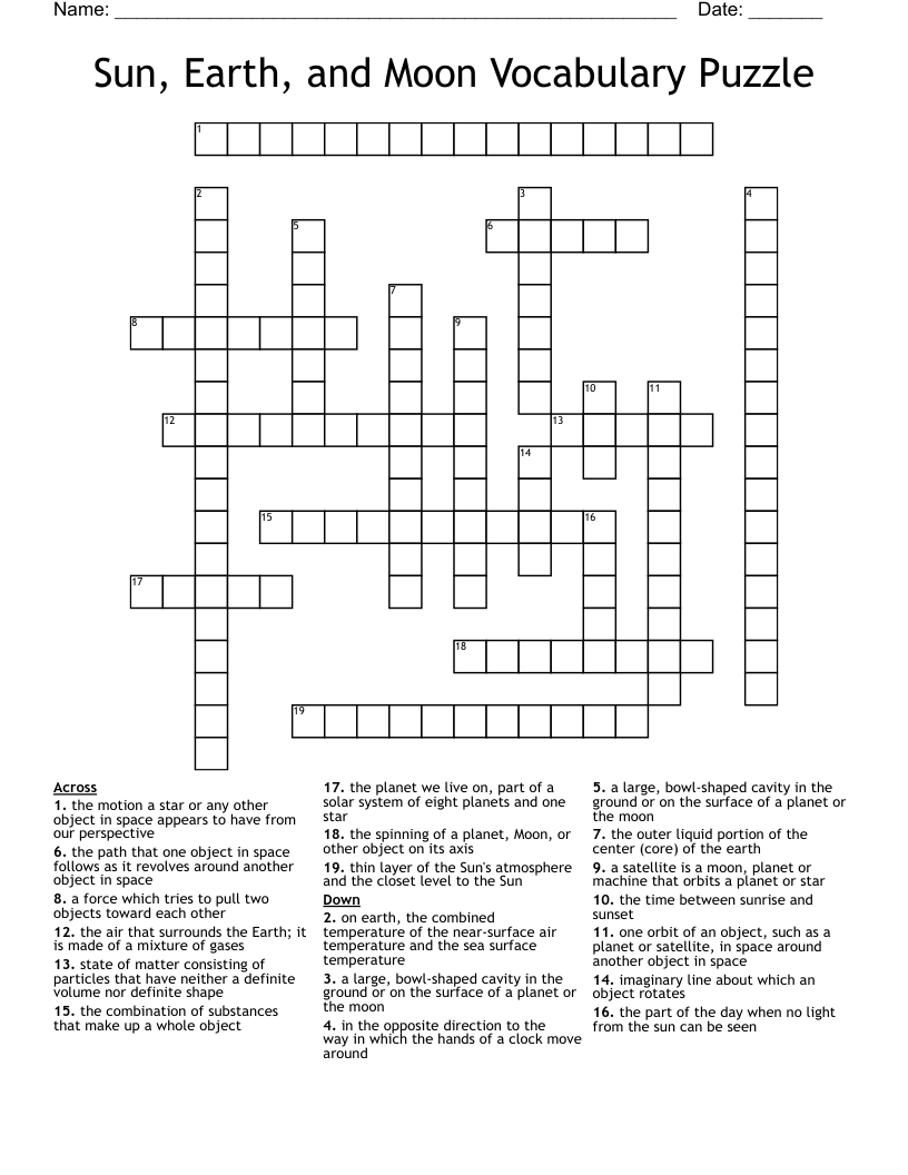 Sun, Earth, and Moon Vocabulary Puzzle Crossword