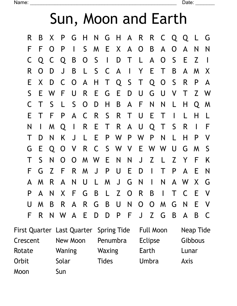 Sun, Moon and Earth Word Search