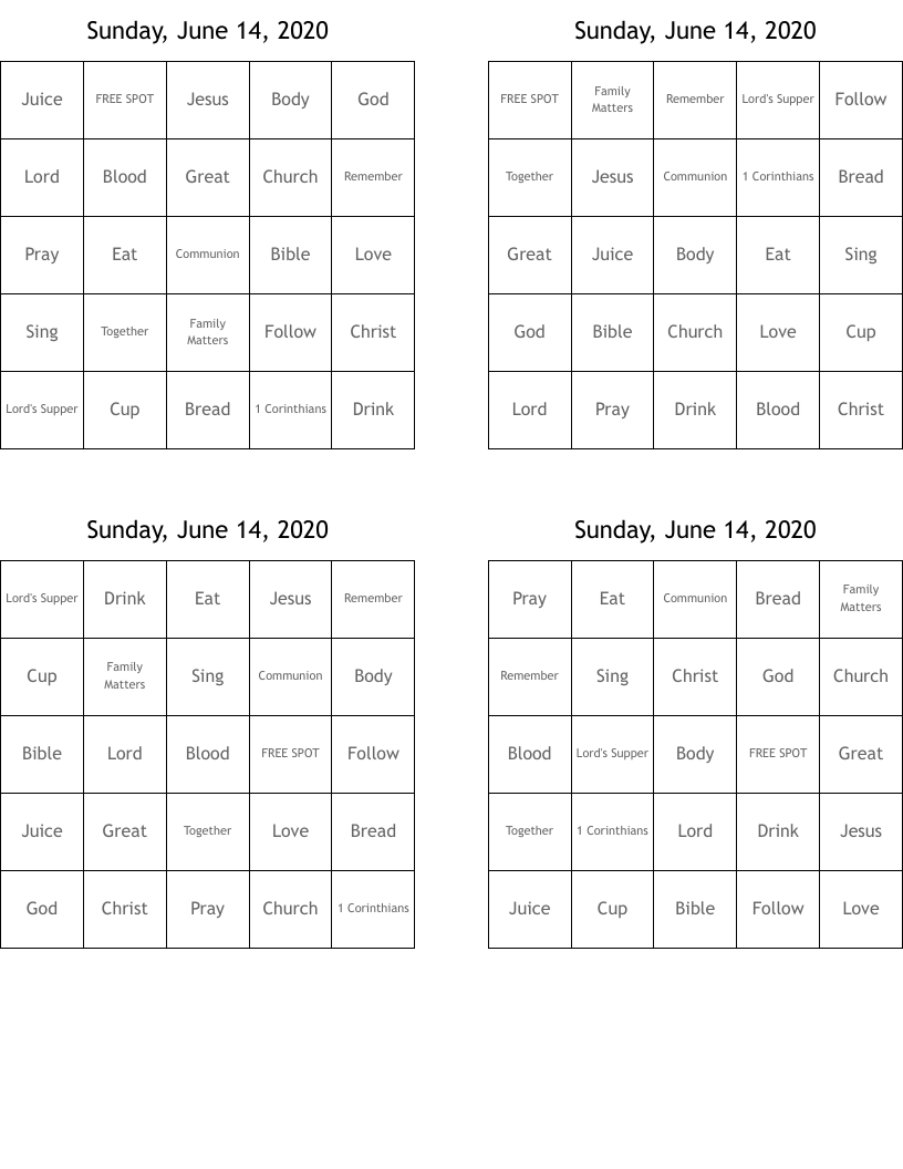 Sunday, June 14, 2020 Bingo Cards