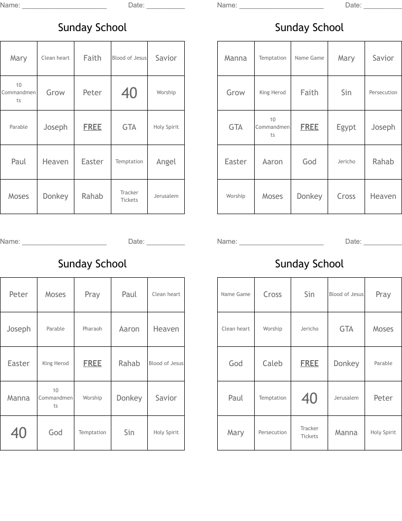Sunday School Bingo Cards
