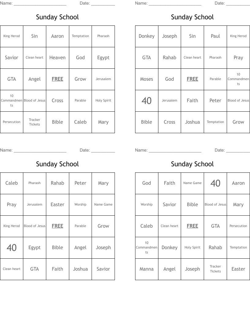 Sunday School Bingo Cards